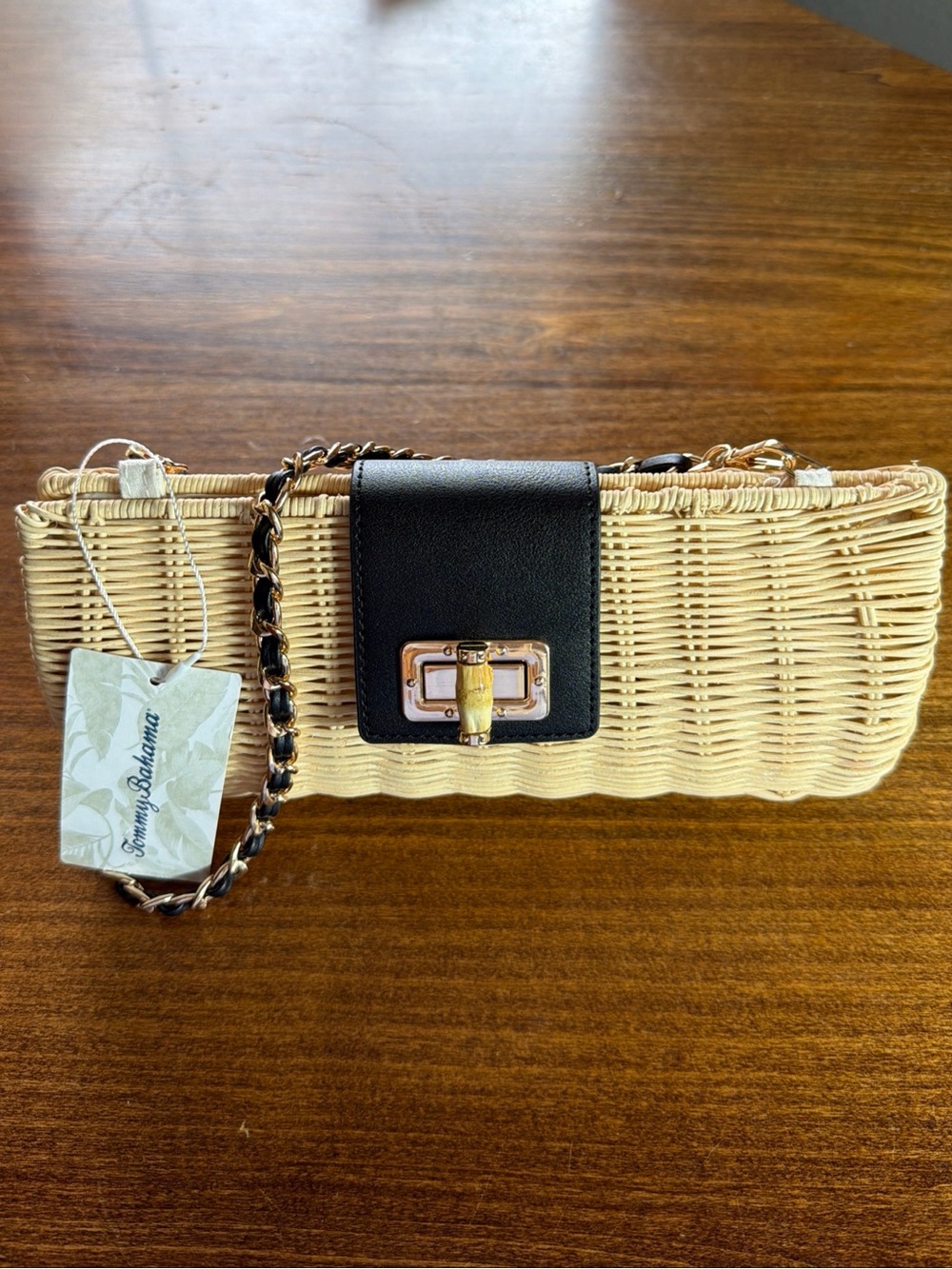 NWT Tommy Bahama Beige Wicker Clutch with Black Leather Accent